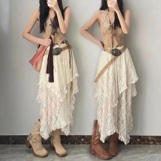 Lace Layered Skirt Vintage Boho Skirt Pants Fashion High Waist Asymmetrical A line Skirt 2025 Korean Style Women s Clothing