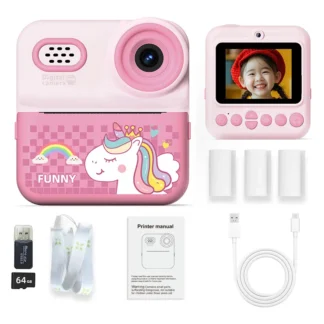 New Kids Camera Cute Cartoon Digital Camera Instant Print with 64G Card 1080P HD Toddler Camera for Girls Boys Birthday Gifts