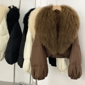 Autumn Winter Short White Duck down Wool Blend Coat Women's Fashion Versatile Warm Outerwear Large Fur Collar High End Feel