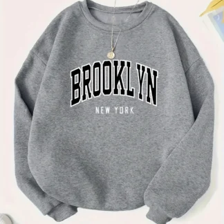 Women's Casual BROOKLYN Print Pullover Sweatshirt Geometric Design Long Sleeve Round Neck Machine Washable Regular Fit for Autum
