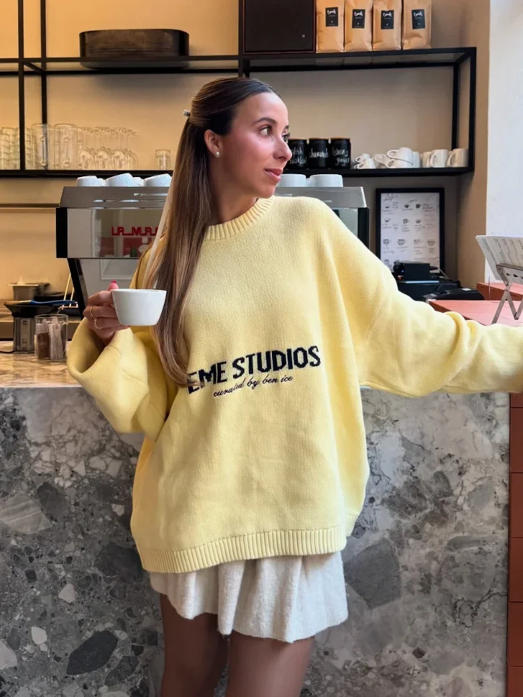 Women Yellow Letter Print Knitted Pullover Elegant O-neck Long Sleeve Loose Short Sweater 2025 Autumn Lady Daily Street Knitwear - Image 3
