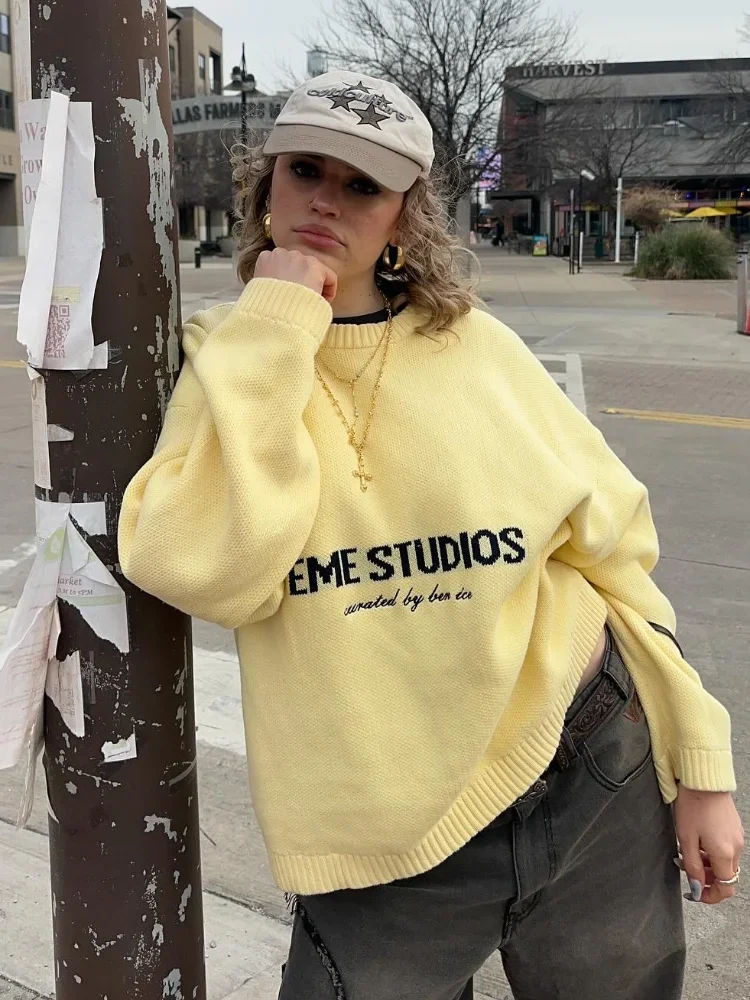 Women Yellow Letter Print Knitted Pullover Elegant O-neck Long Sleeve Loose Short Sweater 2025 Autumn Lady Daily Street Knitwear - Image 4