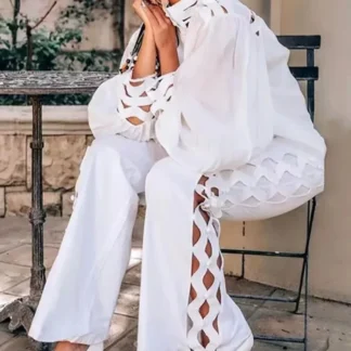 2 Piece Set Women Plus Size Hollow Out Sexy Young Daily Soft Full Sleeve Fashion Pants Wide Leg Wholesale Dropshipping