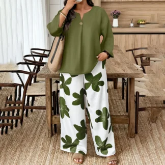 Casual Plus Size Two Piece Set Women Outfit 2025 Autumn Winter Long Sleeve Loose Blouse Tops And Wide Leg Pants Sets Elegant