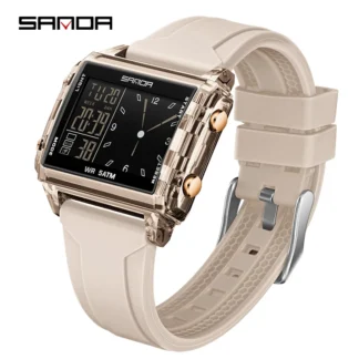 SANDA 6273 Students Electronic Watch Square Transparent Case Alarm Clock Multifunction Waterproof Sports Digital Watches for Man
