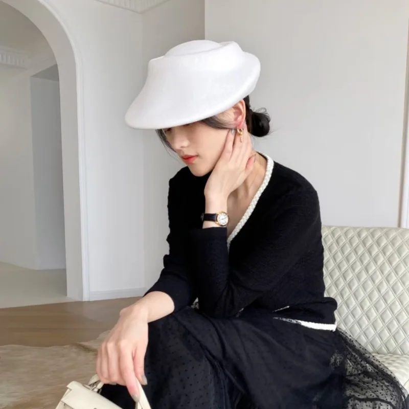 Vintage Flying Saucer Fedoras Hat 100% Wool Bridal Berets for Women French Formal Top Pillbox Hat Wedding Party Felt Boat Hat - Image 2