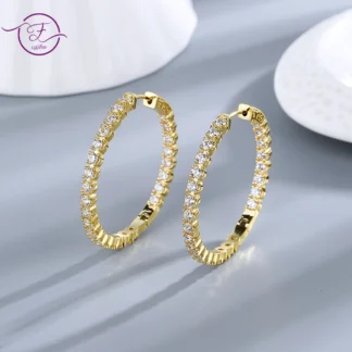 39mm Big Circle Hoop Earrings for Women 18k Gold Plated Shiny Zircon Earring Classic Trendy Fine Wedding Jewelry Gift FCGJHW
