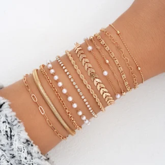 12Pcs Vintage Elegant Gold Color Bracelet Sets Simple Copper Metal Zircon Pearl Chain Bracelet Everyday Party Jewelry Gifts 2024
