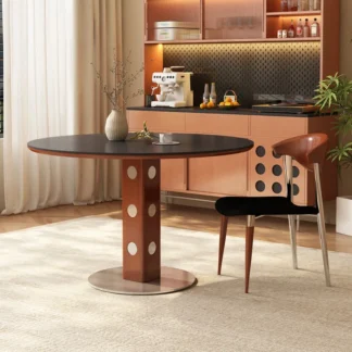 Vintage Round Dining Tables with Rock Slab Surface Stylish Space-Saving Kitchen Table Sturdy Wood Leg Table for Home Dining Room