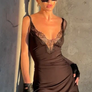 Women's Lace Patchwork Slim Dress Sexy Off-shoulder V-neck Sleeveless Backless Sling Dresses Fashion 2025 Lady Street Daily Robe