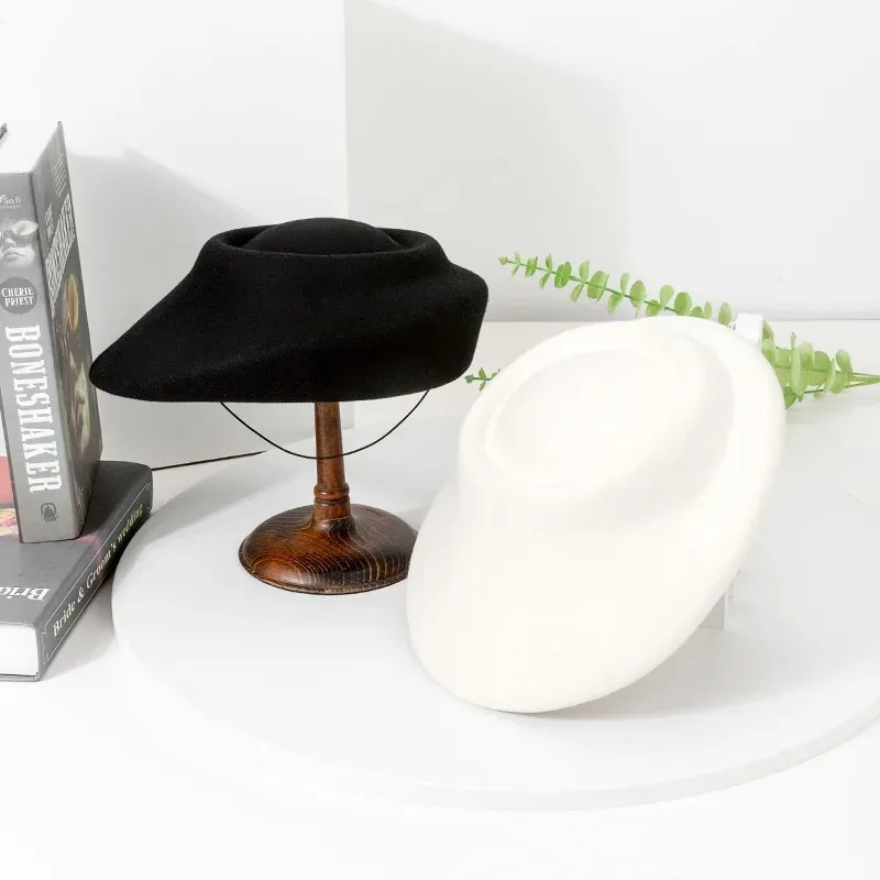 Vintage Flying Saucer Fedoras Hat 100% Wool Bridal Berets for Women French Formal Top Pillbox Hat Wedding Party Felt Boat Hat - Image 5