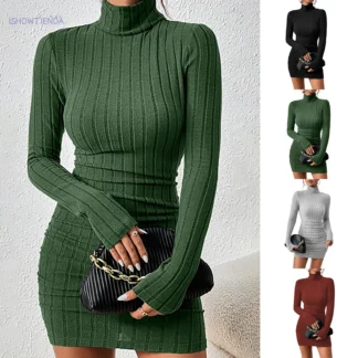 Knitted Bottoming Dress Women Elegant Party Autumn Winter Turtleneck Long Sleeves Sexy Sheath Mini Dresses Bodycon Club Dress