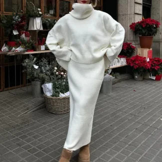 Blubelle Women's Knitted Turtleneck Sweater Skirt Set Autumn Winter Loose Solid Color 2- Piece Knit Outfit Casual Warm Suit