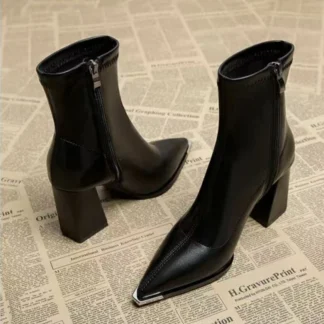 Brand Pu Black Ankle Boots 2025 Autumn French Retro Pointed Toe High Heel Chelsea Boots Metal Decoration Designer Short Booties