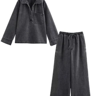 2024 Autumn Jeans Sets Women Turn-down Collar Casual Top Fashion High Waist Streetwear Female Denim Pant Two Piece Set