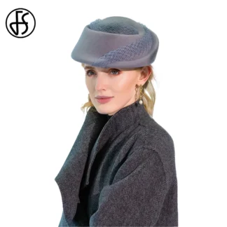 FS Wool Felt Small Top Fascinators Hats For Women Ladies Elegant Beret With Mesh Wedding Church Tea Party Dress Fedoras Hat