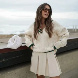 TRAF Women's Eight Strand Knit Lapel Long Sleeve Knit Sweater Wide Pleated Knit Short Dress Vintage Elastic Waist Skirt Chic Set