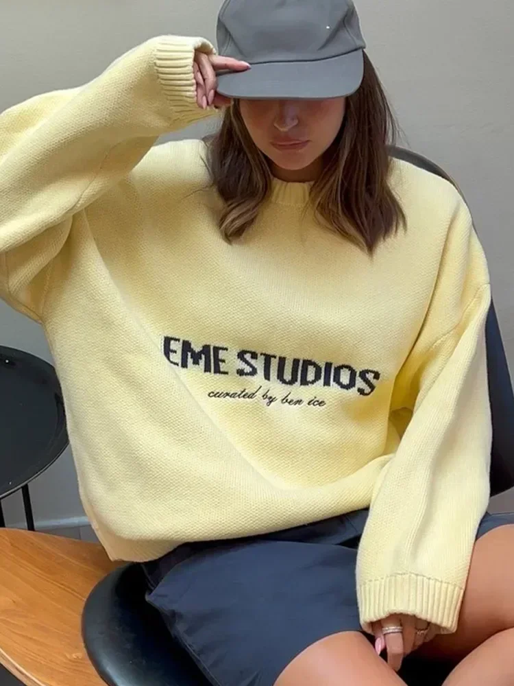 Women Yellow Letter Print Knitted Pullover Elegant O-neck Long Sleeve Loose Short Sweater 2025 Autumn Lady Daily Street Knitwear - Image 6