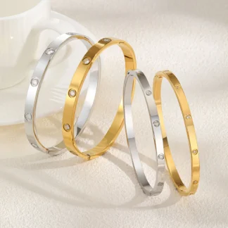 Cubic Zirconia Love Friendship Bracelets,6mm 4mm Women Bangles With CZ Stones, 18K Gold Plated Stainless Steel Jewelry