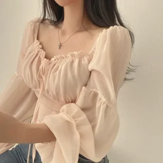 Dongdaemun High-end Feelniche Women's Blouse Wood-ear Collar Square Neck Waist-fitted Flare Sleeve Chiffon Cropped Shirt