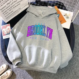 Brooklyn Print Hoodie for Woman High Grade Urban Casual Fashion Hooded Sweatshirt Girl Daily Home Outdoor Comfort Loose Pullover