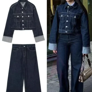 HH Women Vintage Denim Jacket Pant Sets Single Breasted Lapel Long Sleeve Coat Wide Leg Trousers Jeans High Street Outfits