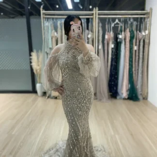 MYMB Dubai Luxury Off Shoulder Halter Neck Caramel Wedding Guest Gowns Exlcusive Beaded Mermaid Evening Formal Occasion Dresses