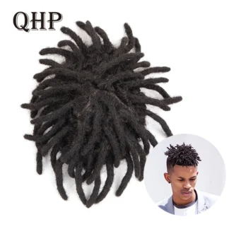 QHP Dreadlocks Toupee Men Afro Kinky Curly 100% Human Hair Wigs for Black Man Natural Hairpiece Men's Capillary Prothesis