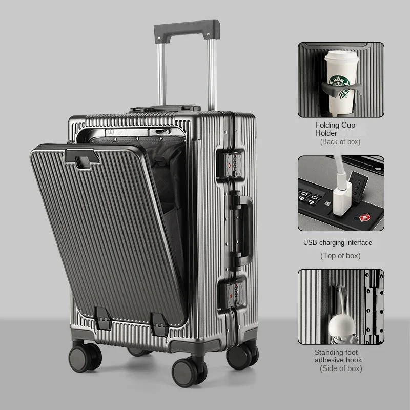 New Front Opening Suitcase Cabin Trolley Case 20/24/26/28 inch Aluminum Frame Large Capacity Luggage usb Charging TSA Lock - Image 2