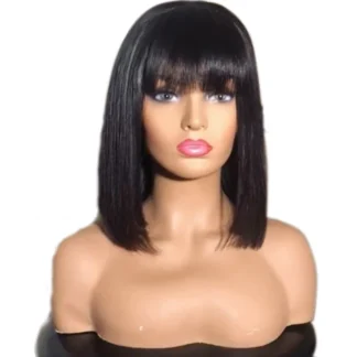 LUFFYHAIR Silk Top Short Bob Human Hair Wigs Brazilian Straight 100% Remy Hair Silk Base Full Lace Wigs with Bangs Bob Cut