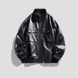 Man Leather Jacket Autumn Vintage High Streetwear Motorcycle Punk Male Outerwear Stand Collar Long Sleeve Zipper Men Coat