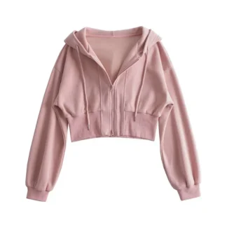 2024 New Women's Hooded Sweatshirt Cardigan Jacket Loose-Fit Slimming Cropped Double Zip Drawstring Hooded Top