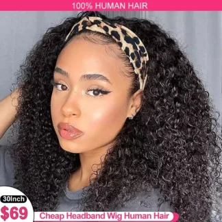 Headband Wig Human Hair Kinky Curly Glueless Wig Full Machine Made Curly Headband Bob Wig 36 Inches Human Hair Wigs for Women