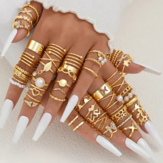 58 Pcs/Set Gold Color Rings Set For Women Men Vintage Hollow Butterfly Pearl Heart Crystal Geometric Rings Trendy Finger Jewelry