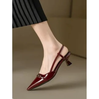 Red Wine Color Soft Leather Pointed Toe Patent Leather Mid Heel Headed Sandals Women's Summer New Retro Style Thin Heel Back Emp