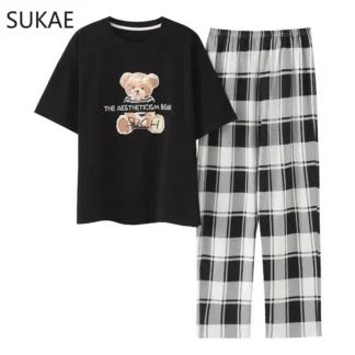 SUKAE M-5XL Plus Size Lingerie Cotton Sleepwear Big Size Women's Pajamas Short Sleeve Long Pant Summer Homesuit Soft Pyjamas New