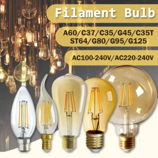 2PCS E14 E27 LED Filament Bulb C35 C35T ST64 G80 A60 220V 4W 9W Warm White Glass 360 Degree Edison Retro Candle Light Blubs