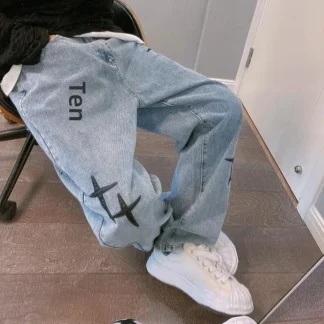 2022 Spring Autumn New Straight-Leg Loose-Fit Men's Jeans Trendy Casual Cropped Pants Hong Kong Style Bell Bottoms