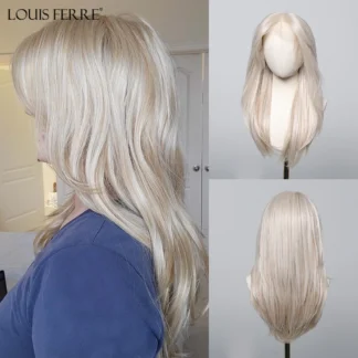 LOUIS FERRE Platinum 13*6 Lace Front Synthetic Wigs for White Women Long Straight Layered Wig Free Part Daily Party High Density