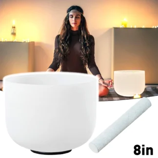 8 Inch Pure White Crystal Singing Bowl Including Sheepskin Mallet Rubber Ring For Sound Healing Meditation