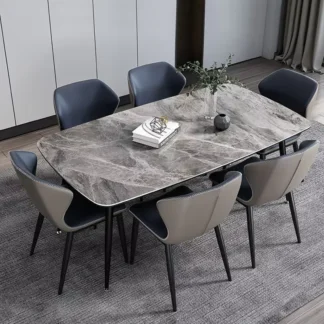 Luxury Slate Dining Table Set 6 Chairs Black Carbon Steel Style Dining Room Marble Stone Table Modern Furniture