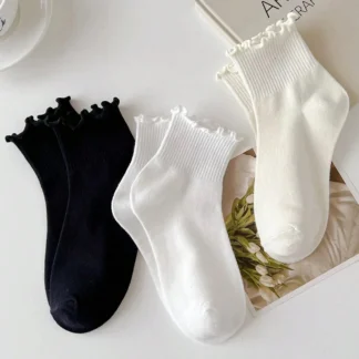 Women's Crew Socks with Ruffles, White and Black, Comfortable, Breathable, Moisture-Absorbing and Sweat-Wicking