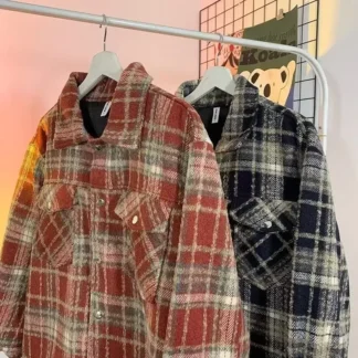 Trendy Plaid Tweed Style Couple Shirt Jacket For Men Casual Loose Fit American Style Vintage Niche Long Sleeve Thickened