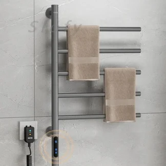 Electric Heated Towel Rack Rotating Bathroom Wall Mounted Drying Rack Stainless Steel Towel Warmer 5 Bars Built-in Timer Plug-in