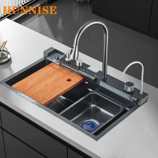 Integrated Digital Kitchen Sinks 304 Stainless Steel Brushed Gold Single Slot Kitchen Sink Hot Cold Pull Out Waterfall Faucets