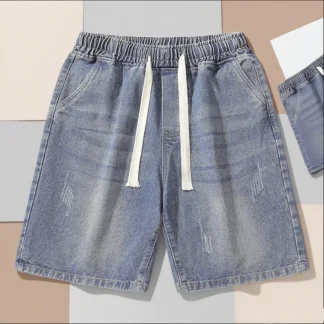 2025 summer new Korean retro men's denim shorts, loose men's wide leg knee length shorts, washed and creased cat whisker fashion