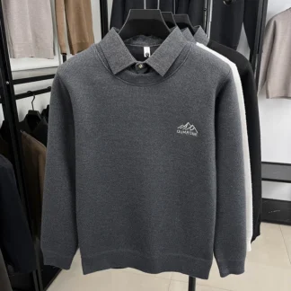 Luxury Quality Men's Knitted Sweater O-Neck Velvet Print Shirt Collar Pullover Autumn Winter Versatile Casual Trend Menswear Top