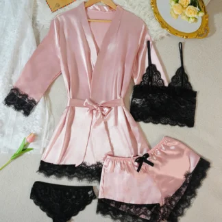 Hot Selling Women 4Pcs Satin Pajama Set Elegant Lace Lingerie Sleepwear with Robe Comfortable Silk Nightwear Sexy Nightgown Pyja