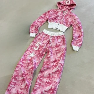 Y2K Fashion Pink Letter Graphic Zipper Sportswear Clothes Women's Casual Short Top Set Sweatshirt Loose Sport Pants