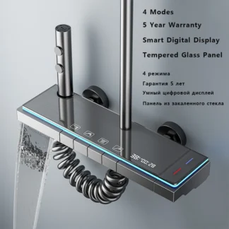 Matte Gray Rainfall Shower System Set Digital Display Smart Bathroom Faucet Bathtub Hot Cold Waterfall Mixer Tap Shower Full Set